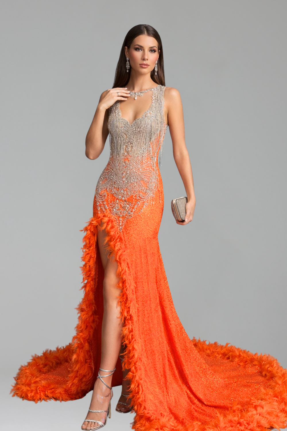 Embellished Illusion Feather Trim High Slit Gown - LAROSABRIDE