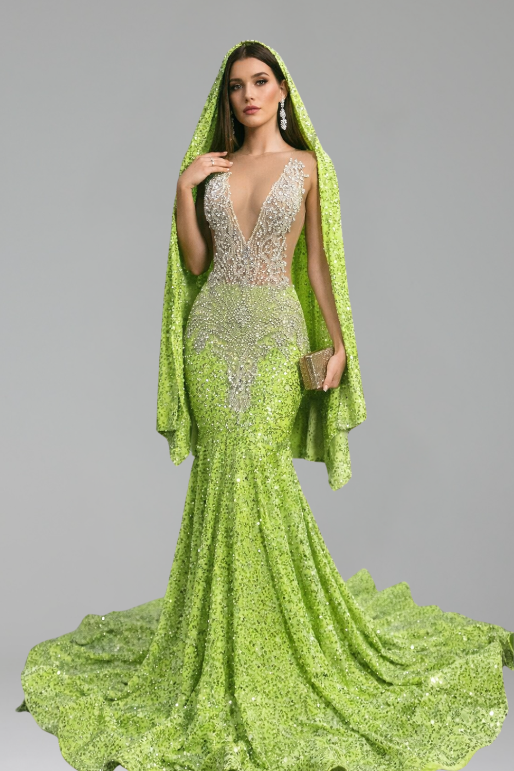 Sheer Embellished Cape Mermaid Gown - LAROSABRIDE