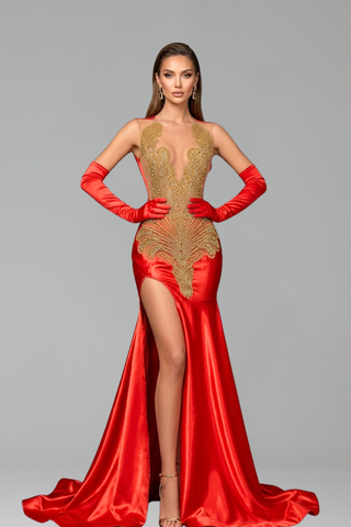 Embellished Illusion High Slit Mermaid Gown - LAROSABRIDE