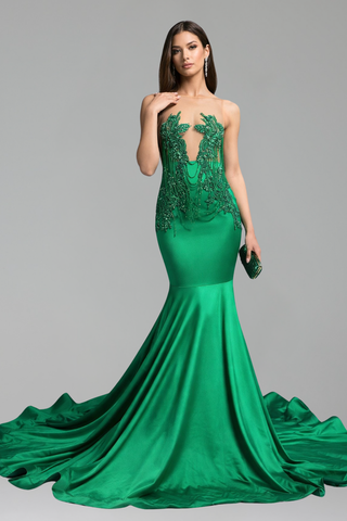 Illusion Beaded Bodice Mermaid Satin Gown
