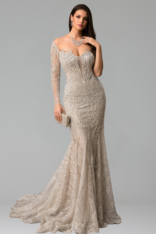 Illusion Beaded Long Sleeve Dress - LAROSABRIDE