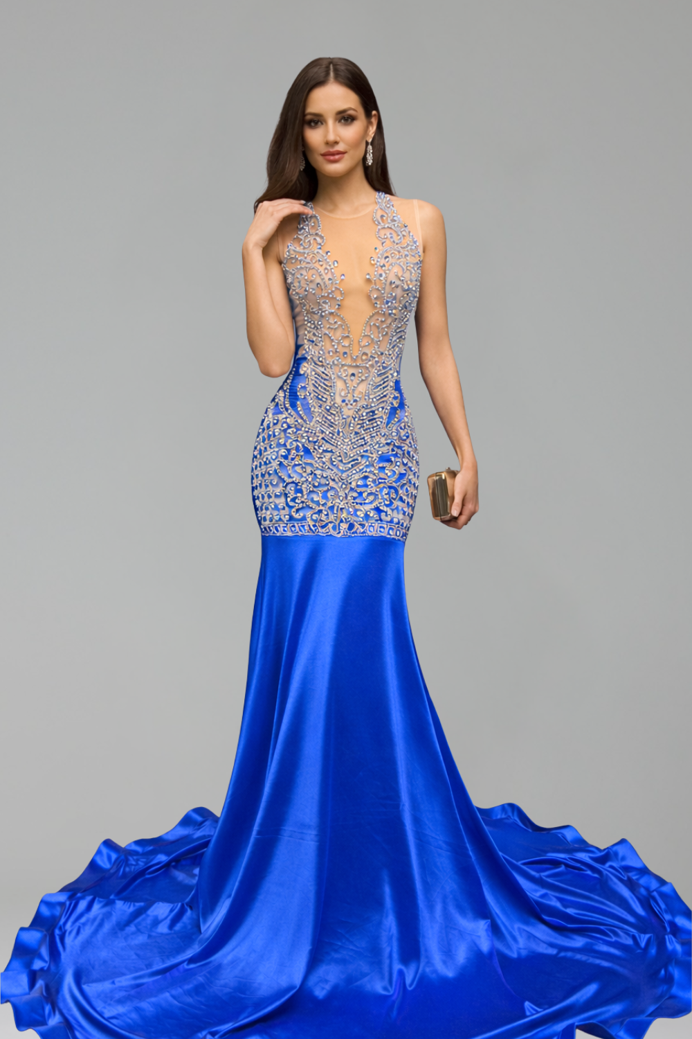 Sheer Embellished Satin Mermaid Gown - LAROSABRIDE