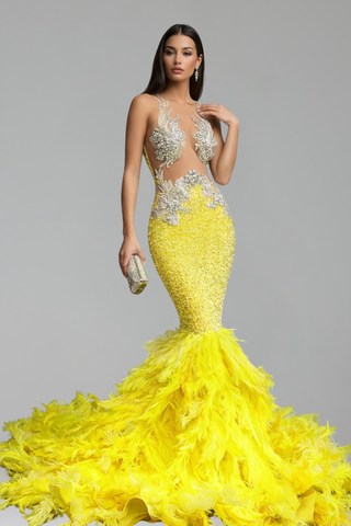 Illusion Feather Mermaid Evening Dress - LAROSABRIDE