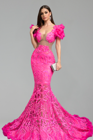 Feather Shoulder Illusion Lace Mermaid Gown - LAROSABRIDE