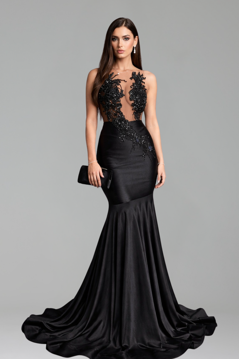 Sheer Embroidered Bodice Satin Mermaid Gown - LAROSABRIDE
