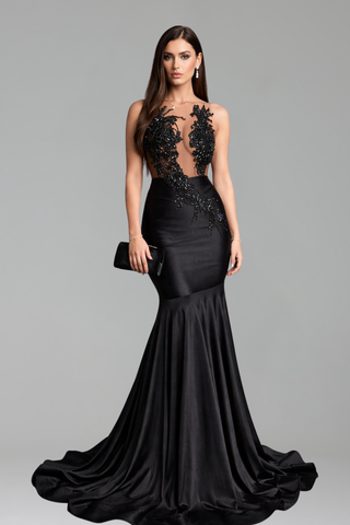 Sheer Embroidered Bodice Satin Mermaid Gown - LAROSABRIDE
