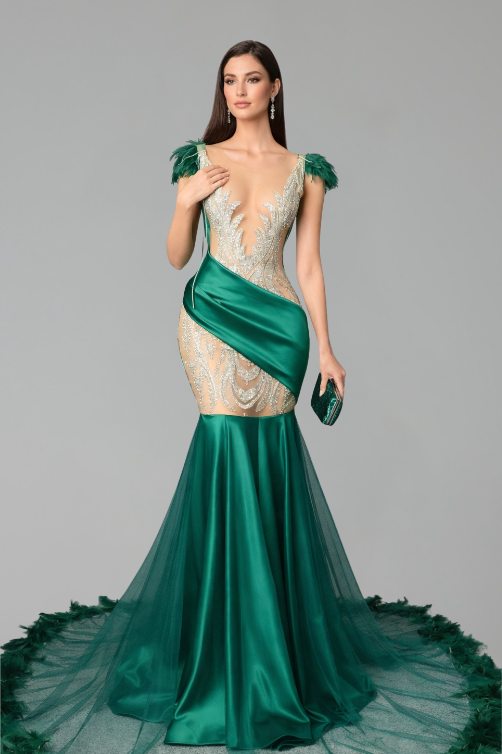 Embroidered Illusion Mermaid Satin Gown - LAROSABRIDE