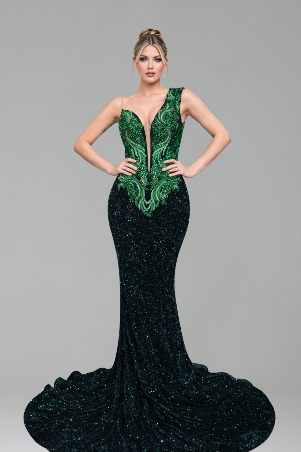 Plunging Neck Beaded Mermaid Gown - LAROSABRIDE