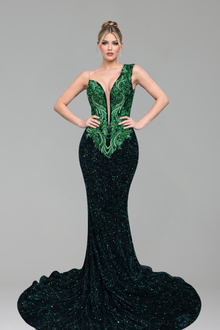 Plunging Neck Beaded Mermaid Gown - LAROSABRIDE