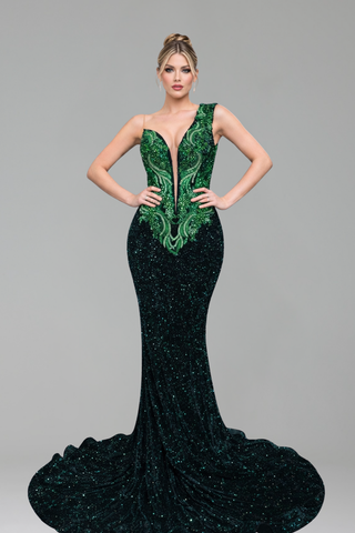 Plunging Neck Beaded Mermaid Gown - LAROSABRIDE