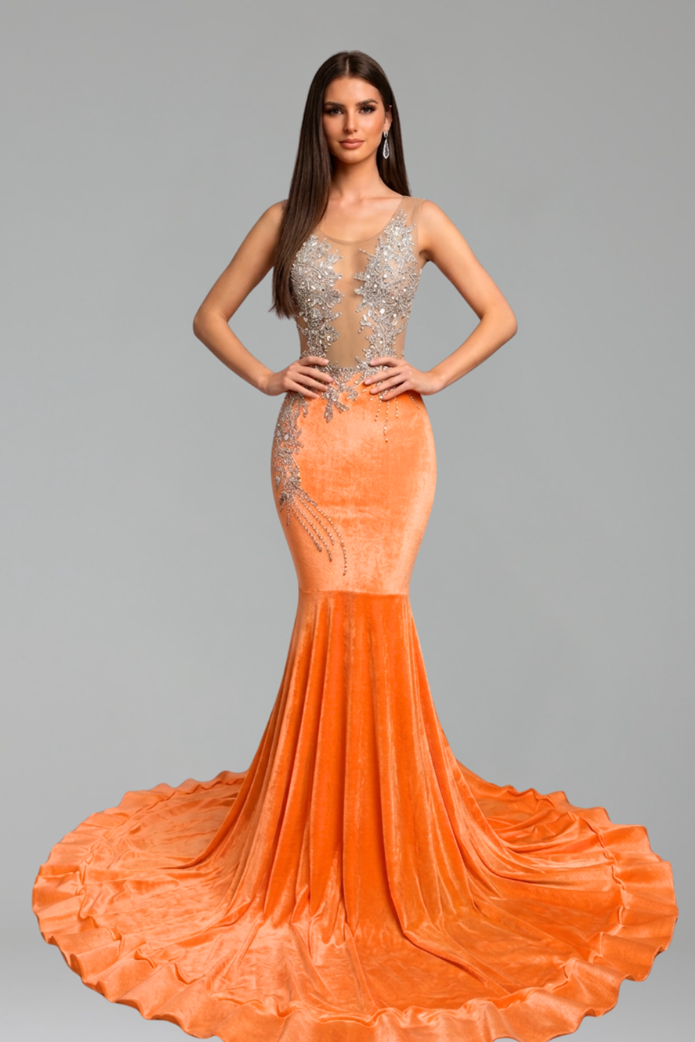 Illusion Embellished Mermaid Gown with Satin Train - LAROSABRIDE