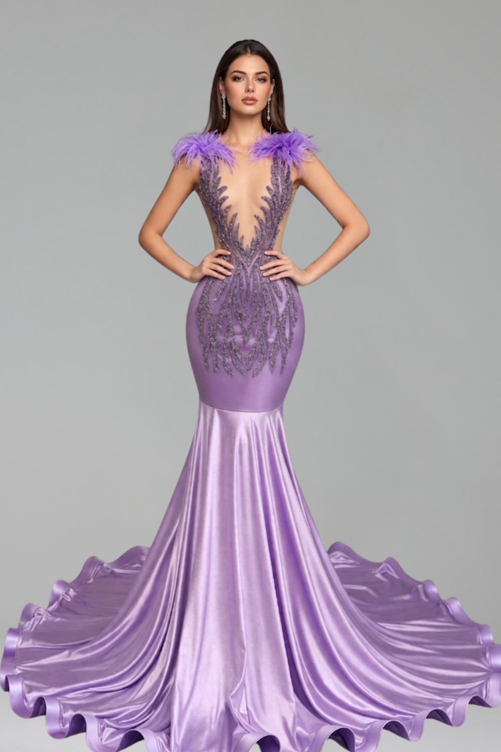 Feathered Beaded Mermaid Gown - LAROSABRIDE
