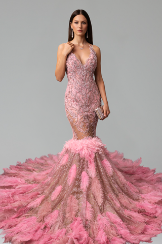 Beaded Feather Mermaid Evening Dress - LAROSABRIDE