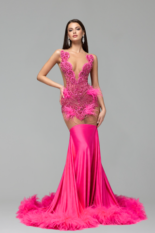 Feathered Illusion Embellished Mermaid Gown - LAROSABRIDE