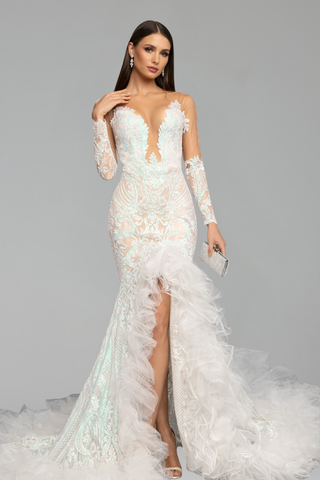 Sheer Embroidered Ruffle Slit Gown