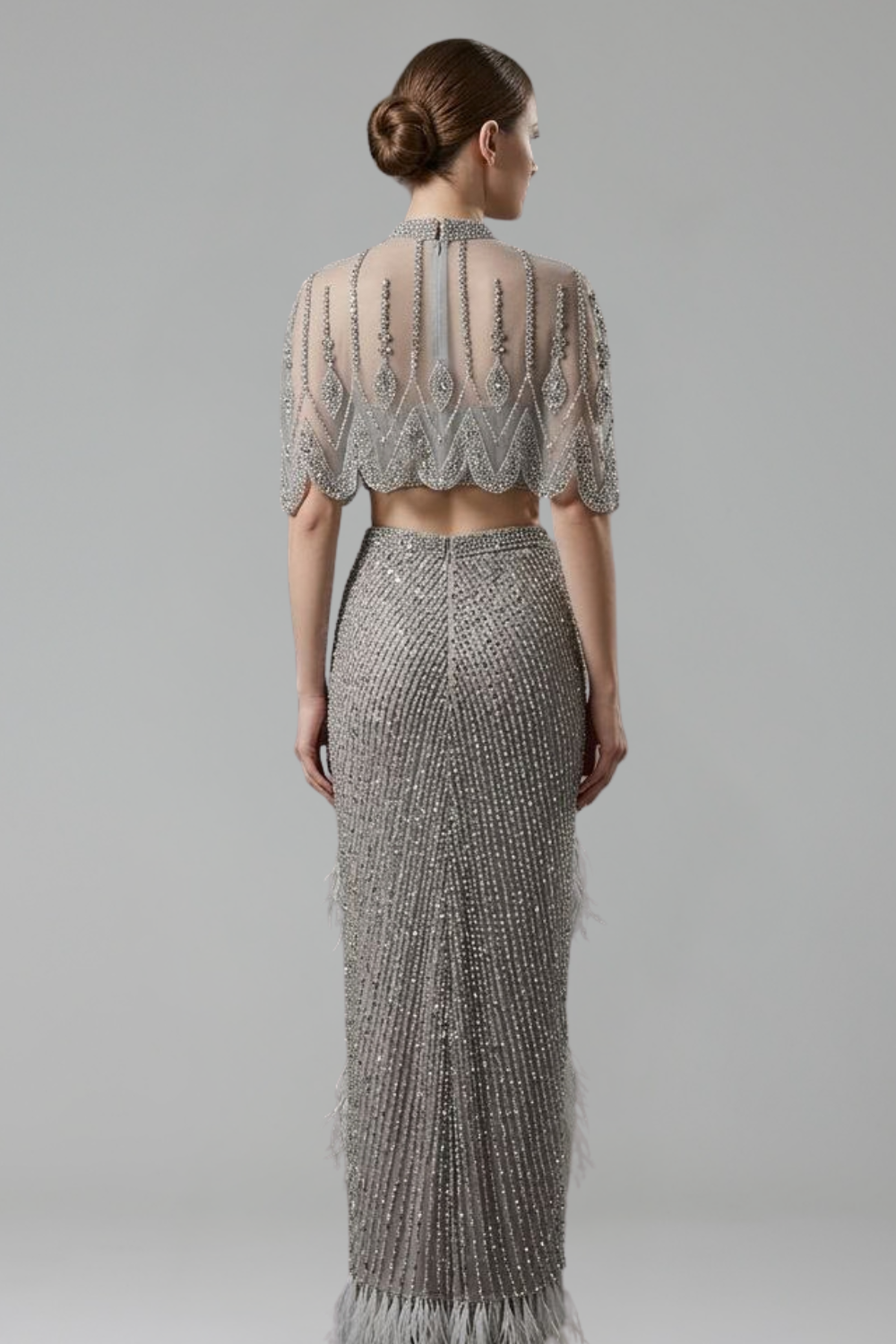 Beaded Feather Two Piece Dress - LAROSABRIDE