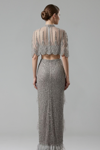 Beaded Feather Two Piece Dress - LAROSABRIDE
