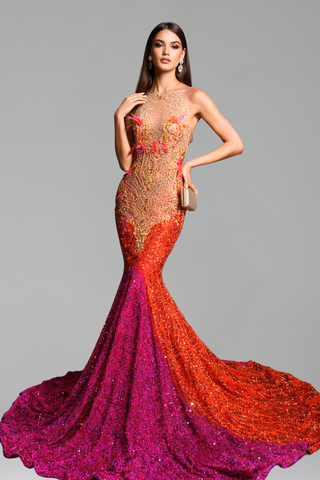 Ombre Embellished Illusion Mermaid Gown - LAROSABRIDE
