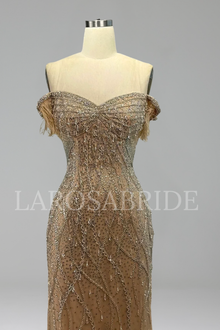 Beaded Feather Mermaid Evening Gown - LAROSABRIDE