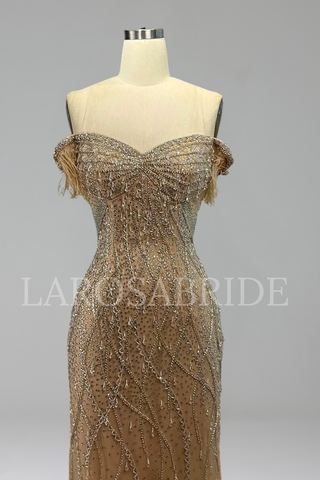 Beaded Feather Mermaid Evening Gown - LAROSABRIDE