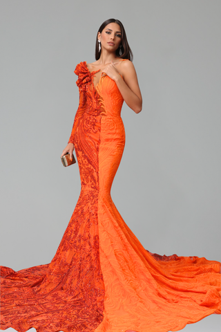 One Sleeve Embroidered Mermaid Gown - LAROSABRIDE
