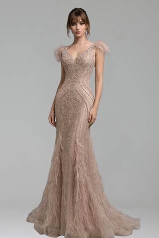 Beaded Feather Mermaid Evening Gown - LAROSABRIDE