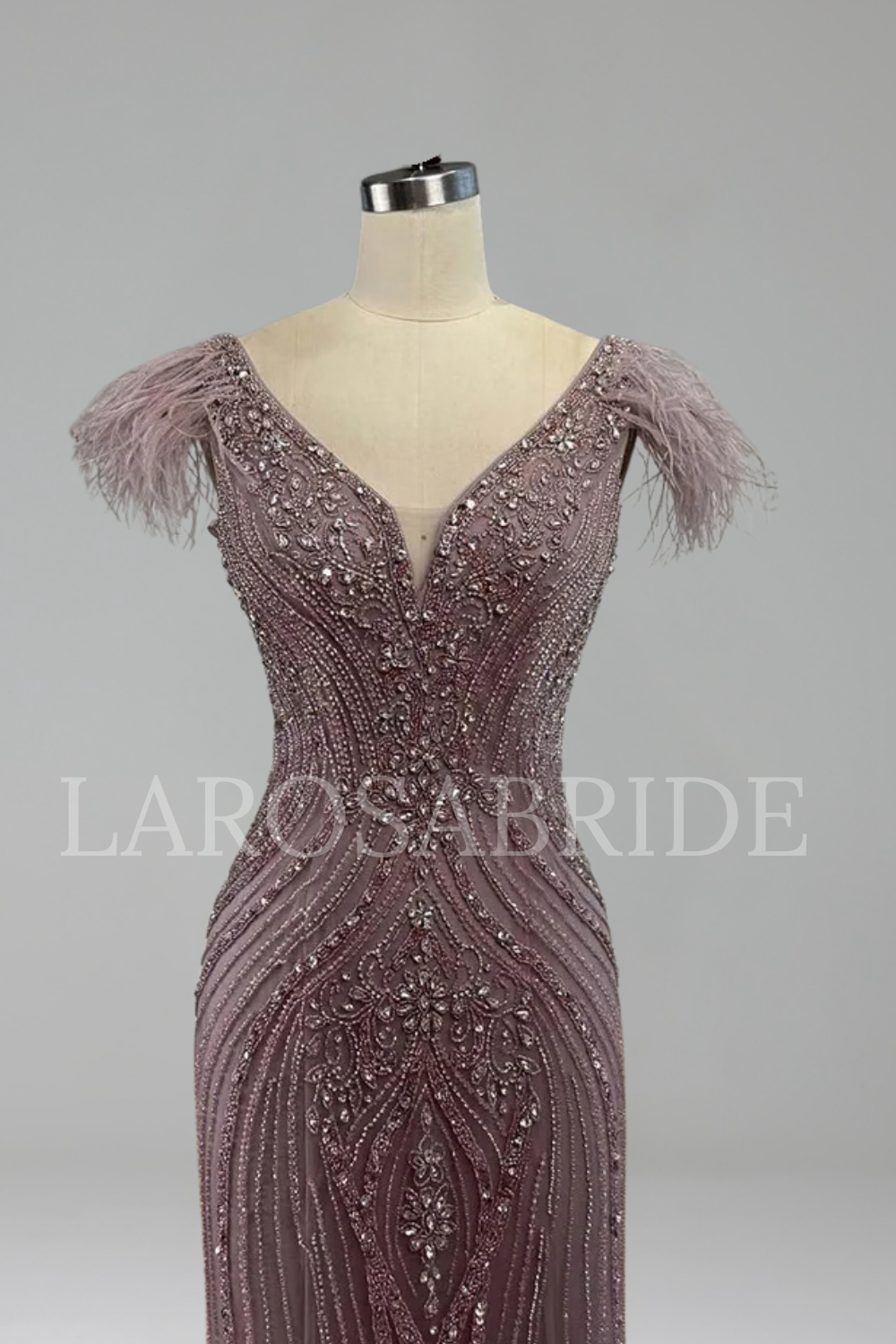 Beaded Feather Mermaid Evening Gown - LAROSABRIDE