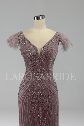 Beaded Feather Mermaid Evening Gown - LAROSABRIDE