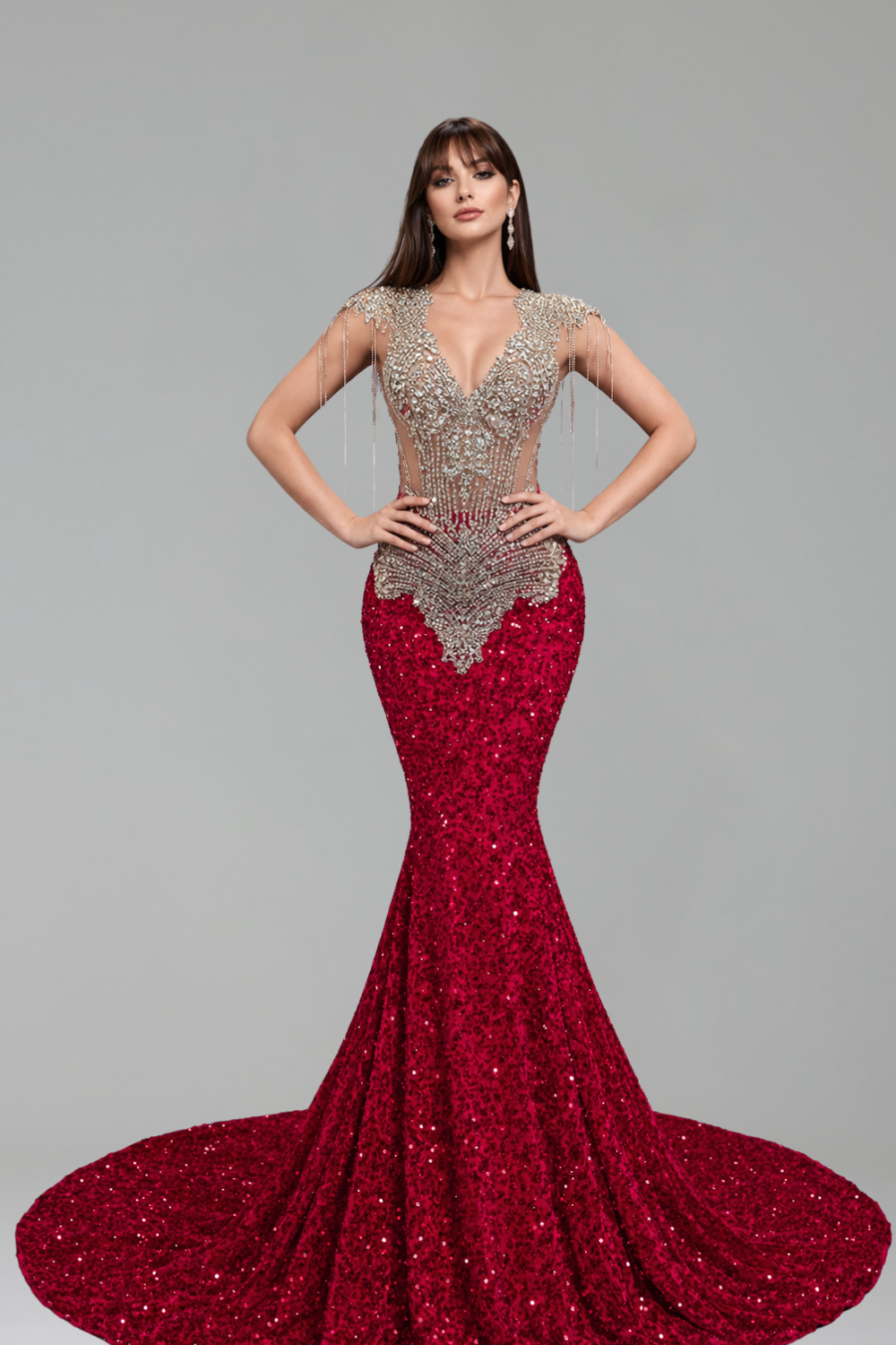 Crystal Fringe Illusion Mermaid Gown - LAROSABRIDE