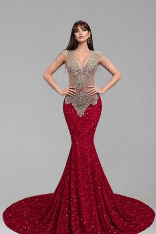 Crystal Fringe Illusion Mermaid Gown - LAROSABRIDE