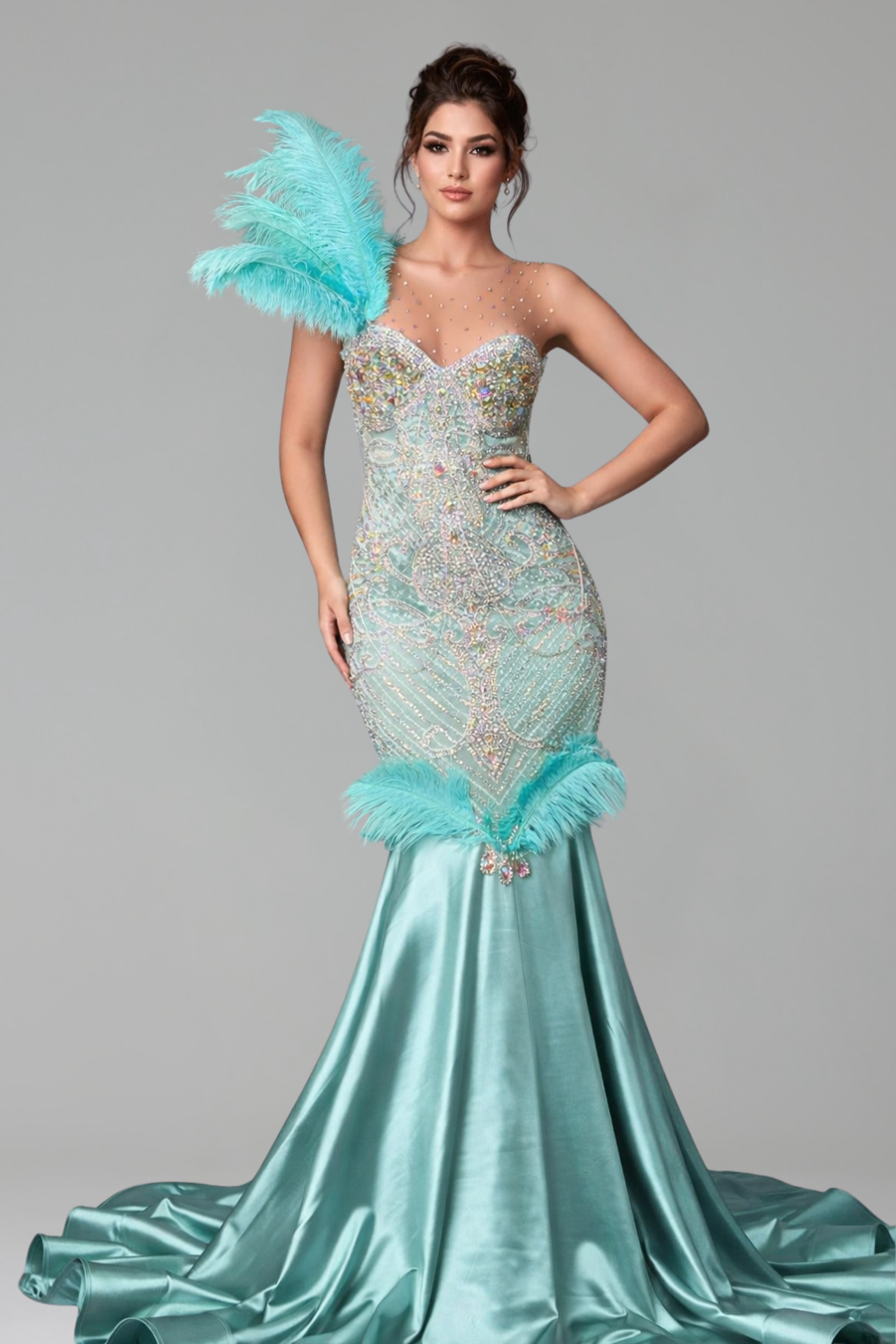 Beaded Feather Mermaid Evening Dress - LAROSABRIDE