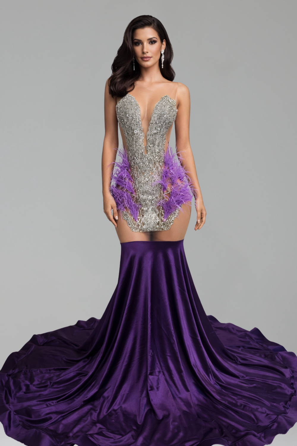 Feathered Illusion Mermaid Satin Gown - LAROSABRIDE