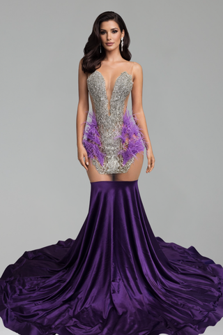 Feathered Illusion Mermaid Satin Gown