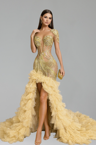 Illusion Fringe Ruffled High Low Gown - LAROSABRIDE