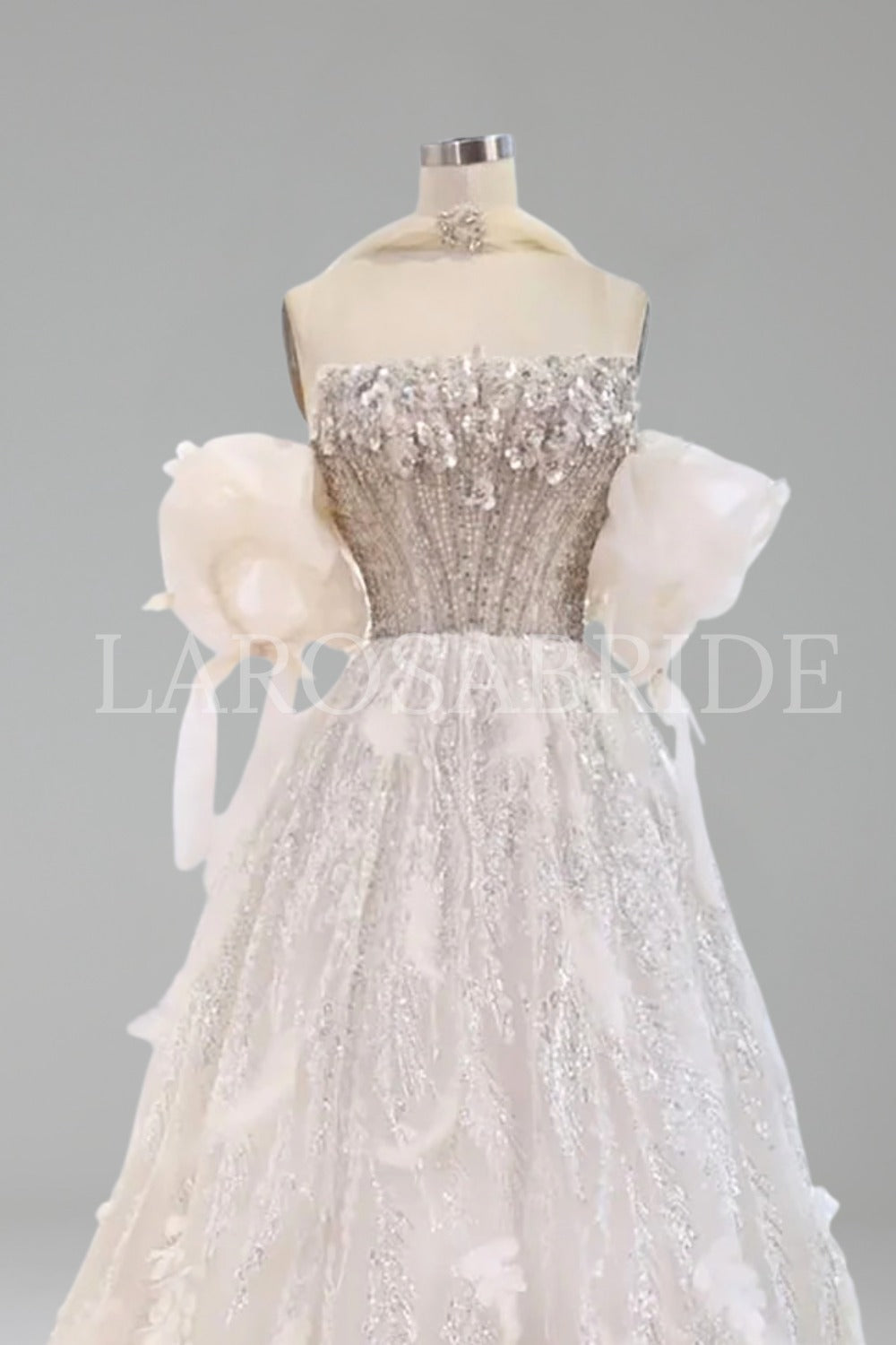 Beaded Ball Gown with 3D Floral Applique - LAROSABRIDE