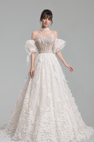 Beaded Ball Gown with 3D Floral Applique - LAROSABRIDE