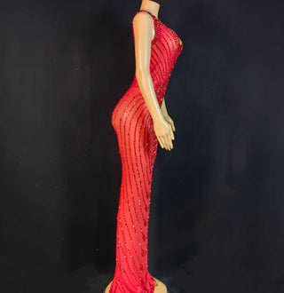 Red Sequin Bodycon Evening Gown – Sleeveless Sheer Mesh Formal Dress