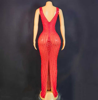 Red Sequin Bodycon Evening Gown – Sleeveless Sheer Mesh Formal Dress