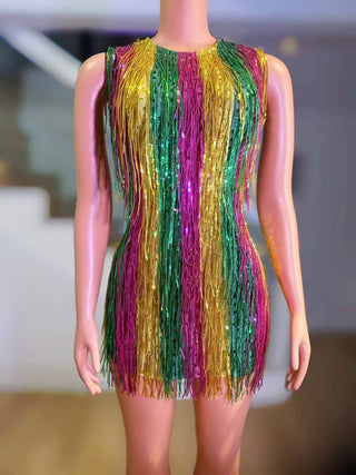 Dazzling Multicolor Sequin Fringe Mini Dress with Round Neckline