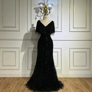 Ships in 2 to 5 Days - Elegant White Nude Beaded Mermaid Evening Gown – 2025 Saudi-Inspired Dress with Feather Details