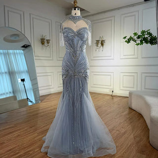 Ships in 2 to 5 Days - Luxury Mint Green Satin Prom Dress – Beaded Mermaid Gown with Thigh-High Slit.