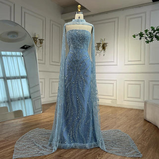 Ships in 2 to 5 Days - Nude Strapless Mermaid Evening Dress with Detachable Cape and Lace-Up Back for Formal Occasion