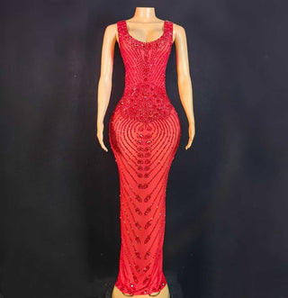 Red Sequin Bodycon Evening Gown – Sleeveless Sheer Mesh Formal Dress