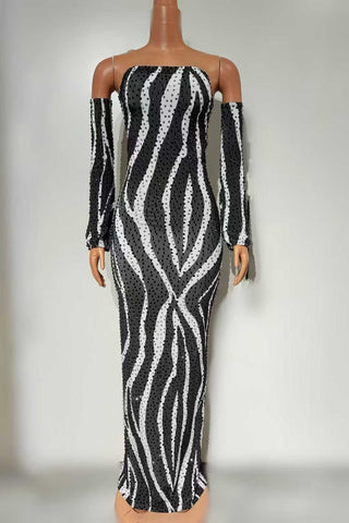 Zebra Sequin Mesh Bodycon Dress – Off-Shoulder Long Sleeve Maxi Gown