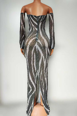 Zebra Sequin Mesh Bodycon Dress – Off-Shoulder Long Sleeve Maxi Gown