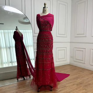 Ships in 2 to 5 Days - Saudi Arabic Sage Green Mermaid Evening Dress with Beaded Details and Long Cape for Formal Occasion