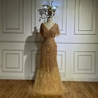 Ships in 2 to 5 Days - Elegant White Nude Beaded Mermaid Evening Gown – 2025 Saudi-Inspired Dress with Feather Details