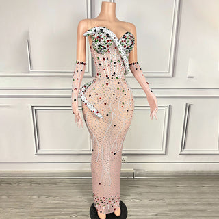 Strapless Embellished Gown with Floral Details and Sheer Gloves