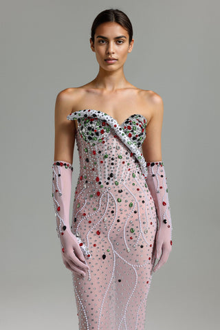 Strapless Embellished Gown with Floral Details and Sheer Gloves