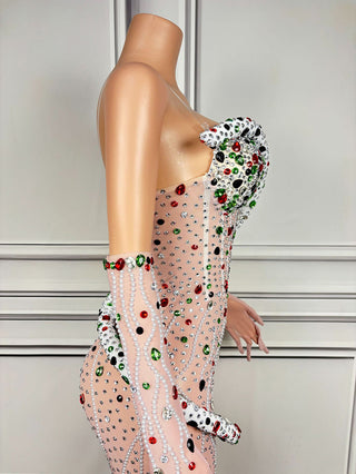 Strapless Embellished Gown with Floral Details and Sheer Gloves